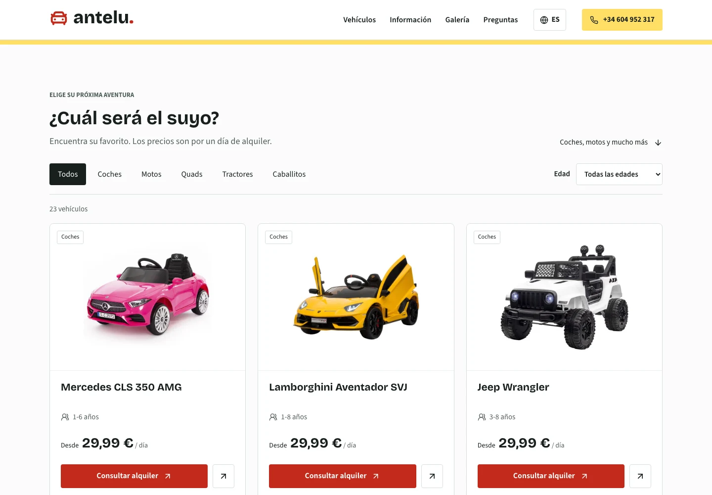 Antelu website showing its vehicle-rental catalogue